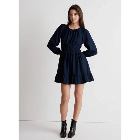 NEW Madewell Sophia Open Back Mini Dress Pockets Blue Balloon Sleeve Boho size L - Picture 1 of 15